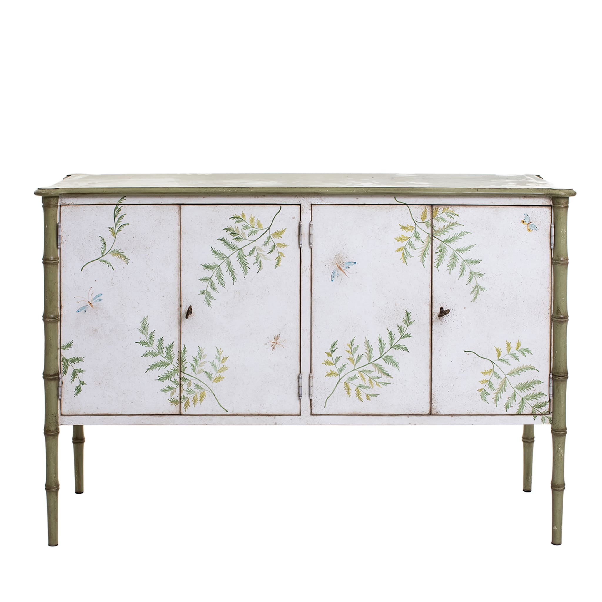 White-Green Lombardia Bamboo Cabinet with Ferns and Butterflies - Main view