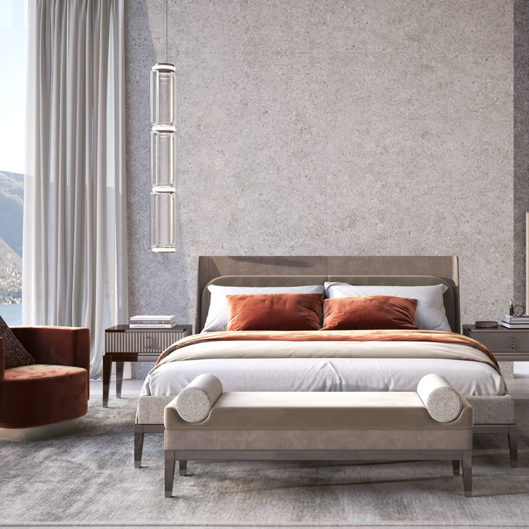 Italian Bed Upholstered in Nubuck and Quinoa Boucle Fabric  - Alternative view 2