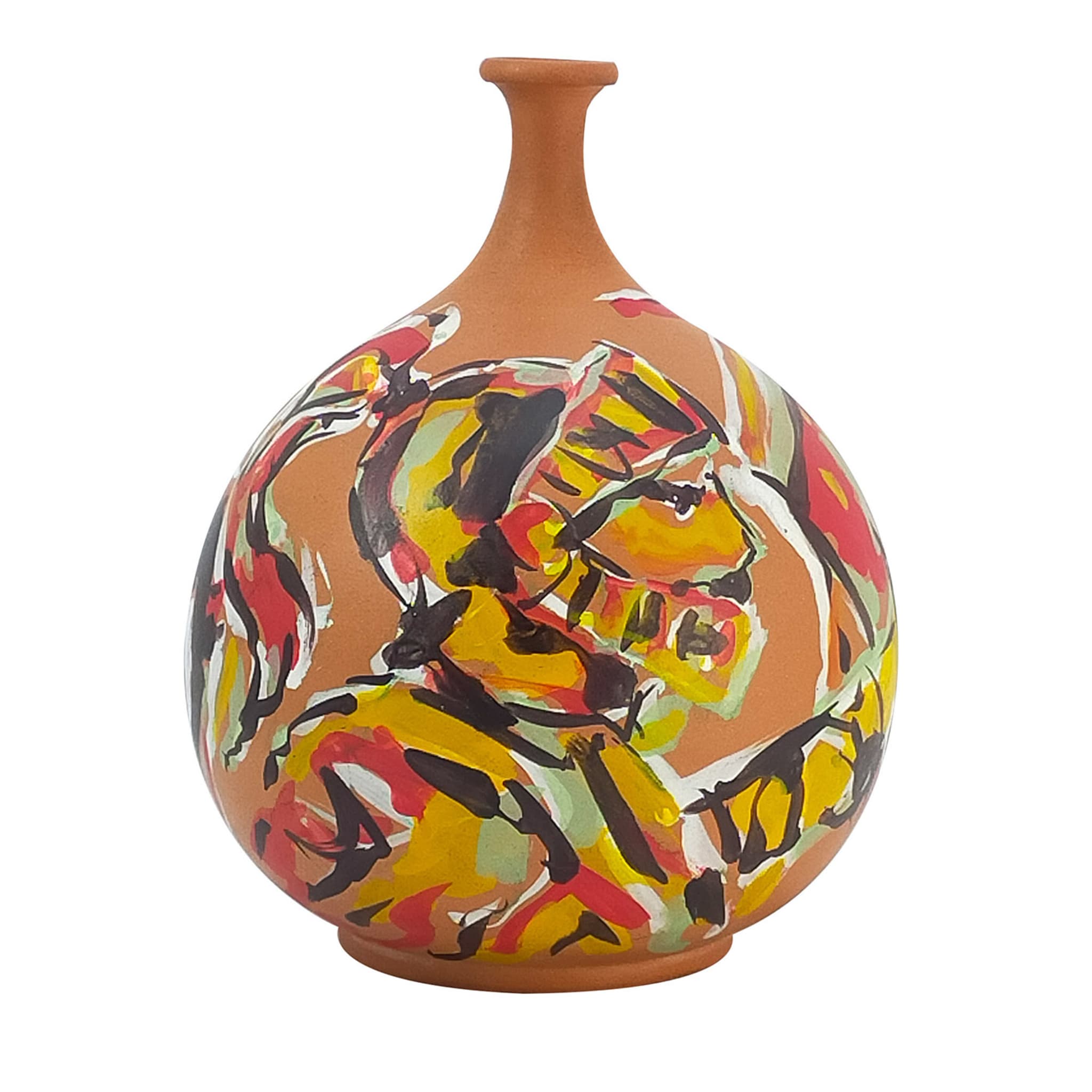 Vase à tige unique en terre cuite orange polychrome #1 - Vue principale
