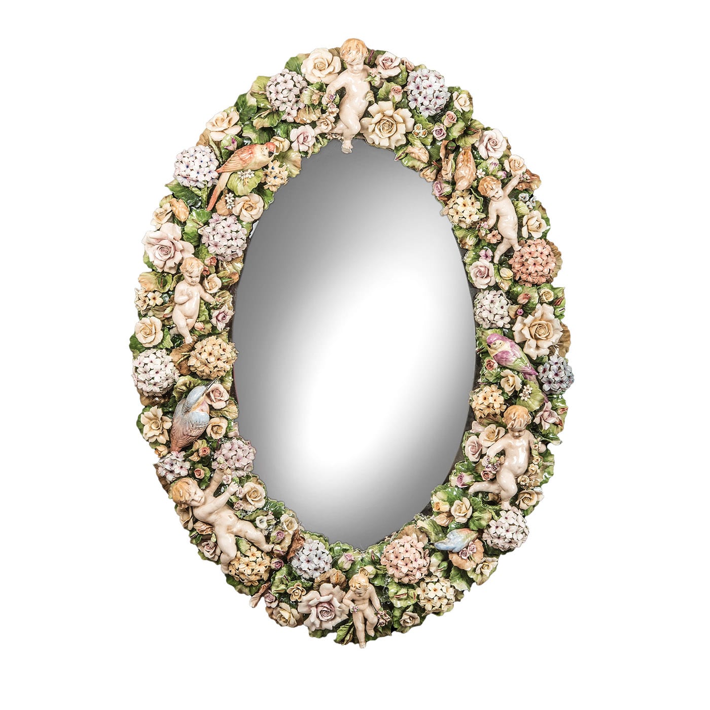 Classic-Style Floral Oval Polychrome Mirror by Antonio Fullin - I Borbone Capodimonte