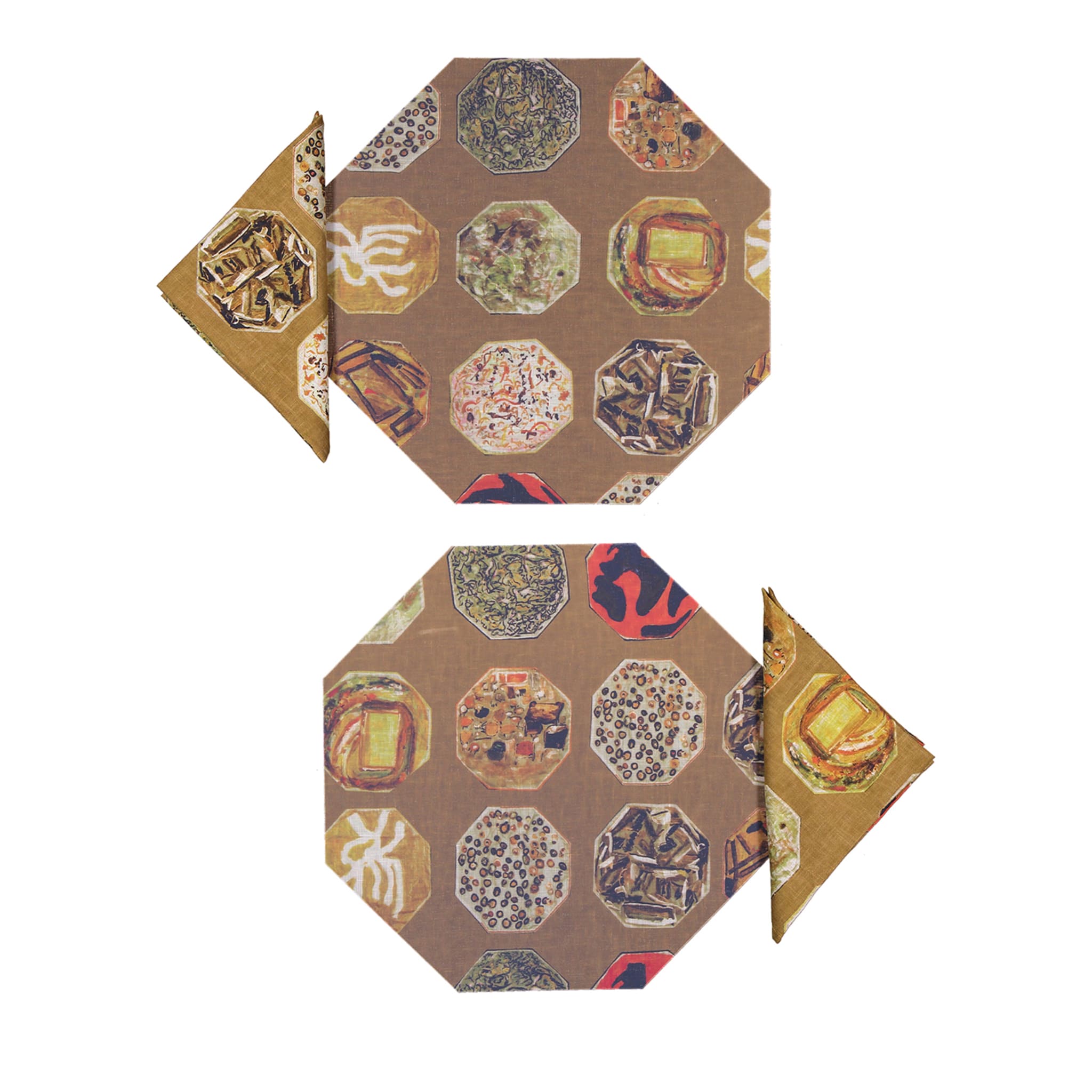 Medallions Set of 2 Octagonal Brown Coated Placemats and Napkins - Main view