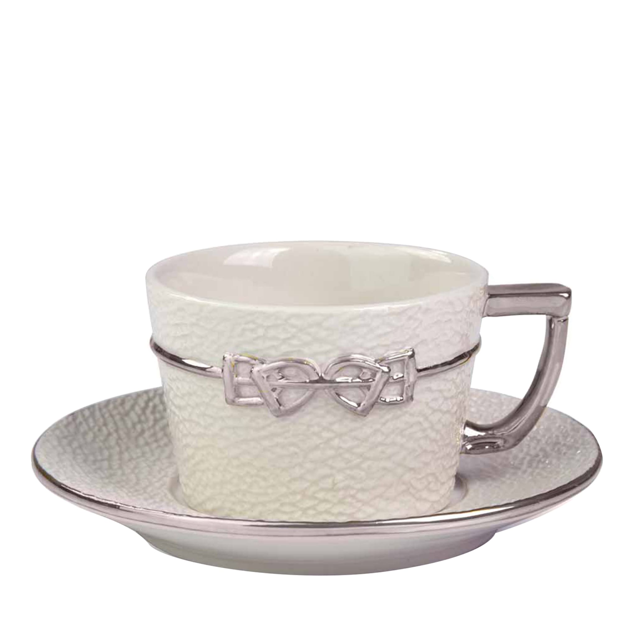 DRESSAGE COFFEE CUP AND SAUCER - WHITE AND SILVER - Main view