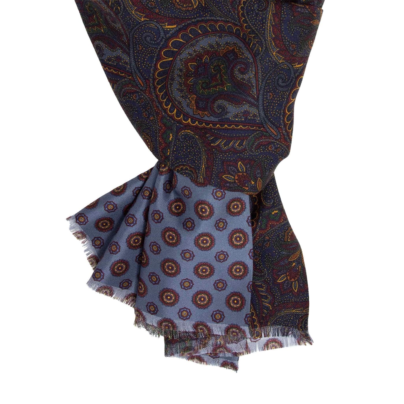 Dusty Blue Medallions Pattern Silk & Wool Scarf - Serà Fine Silk