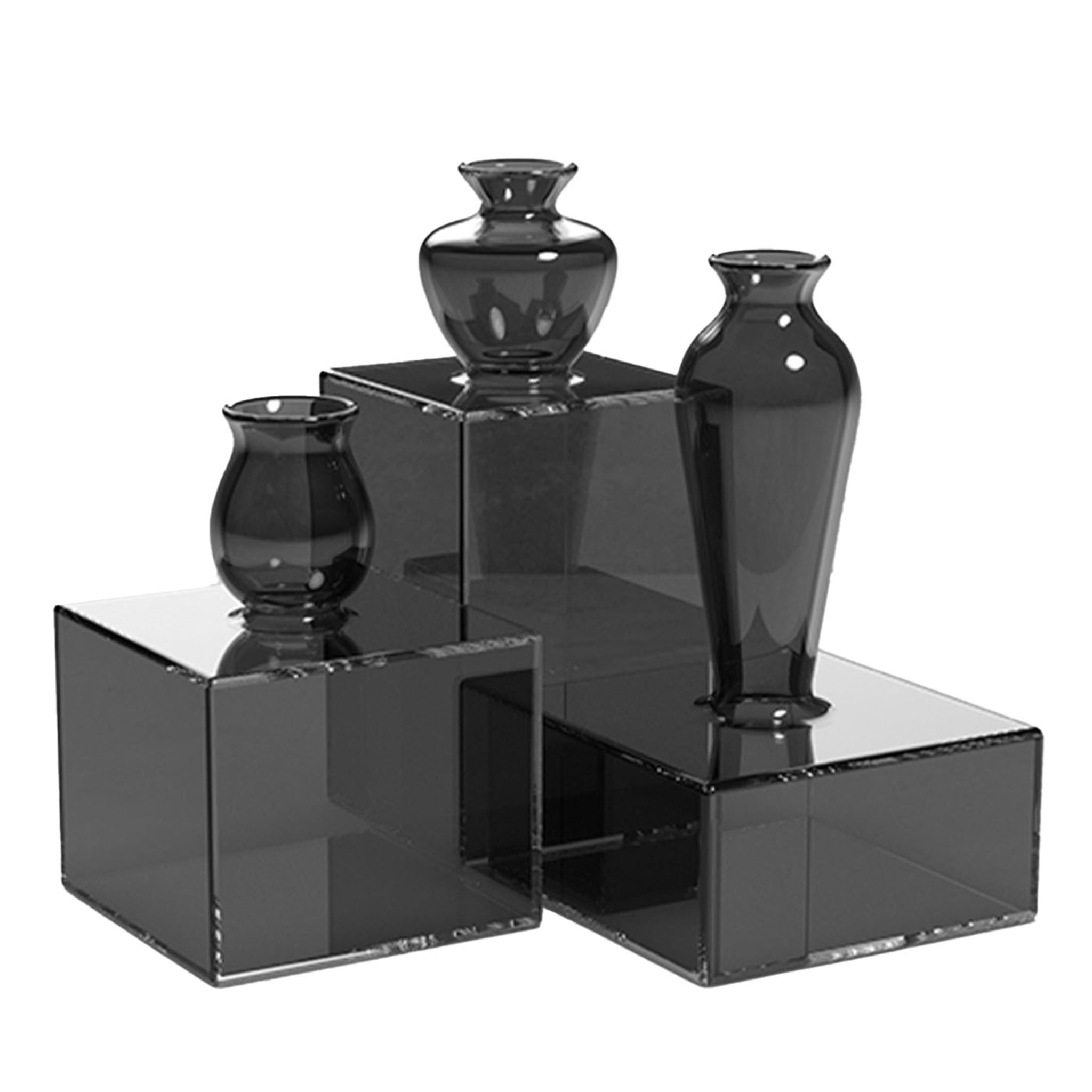Milo Set of 3 Square-Based Black Glass Vases by Quaglio Simonelli - Main view