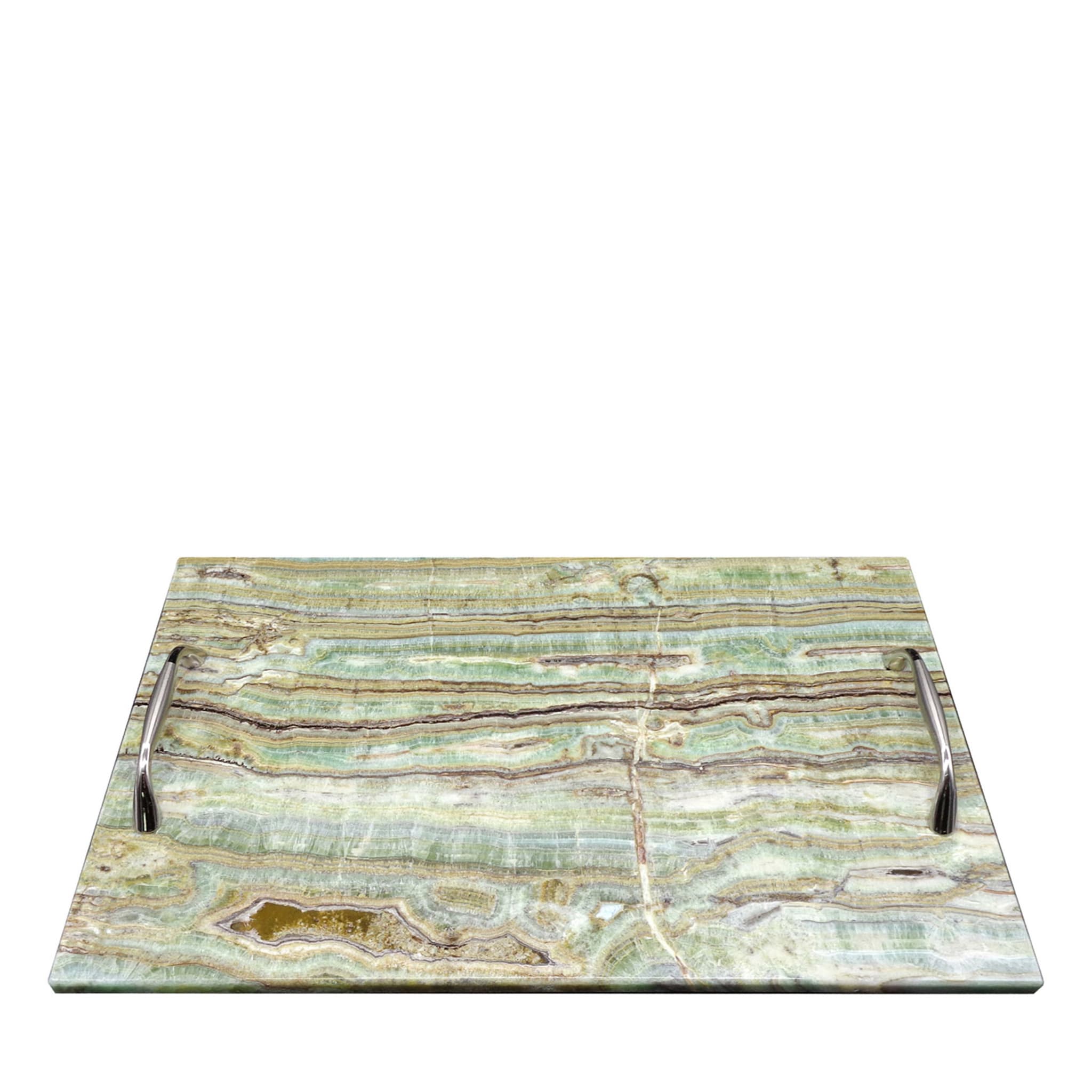 Bandeja rectangular de ónice esmeralda con asas de acero #3 - Vista principal